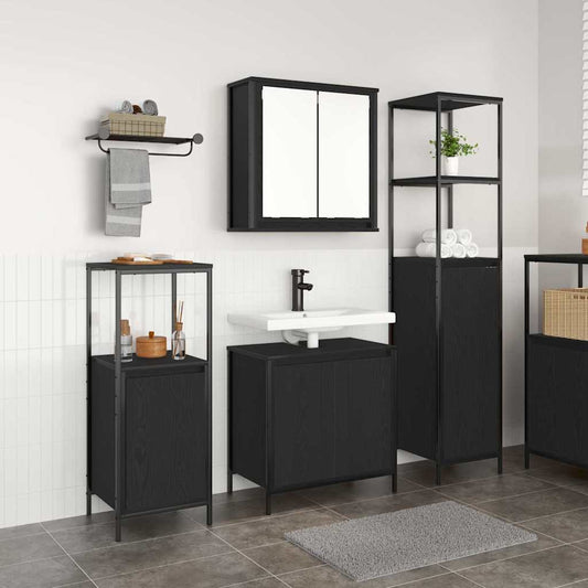 Badkamermeubelset met plank 3 pcs Zwart Eiken Bewerkt hout is nu te koop bij PeponiXL, paradijselijk wonen!