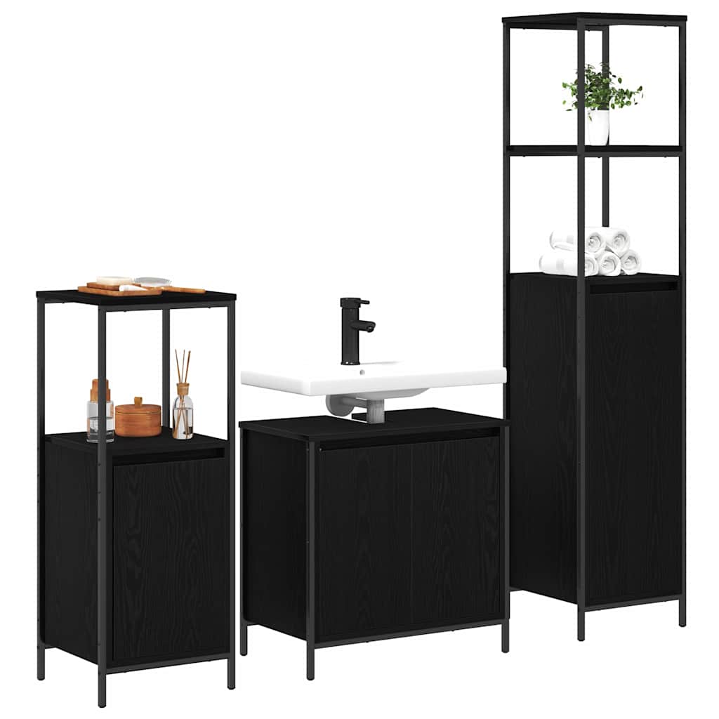 Badkamermeubelset met plank 3 pcs Zwart Eiken Bewerkt hout is nu te koop bij PeponiXL, paradijselijk wonen!