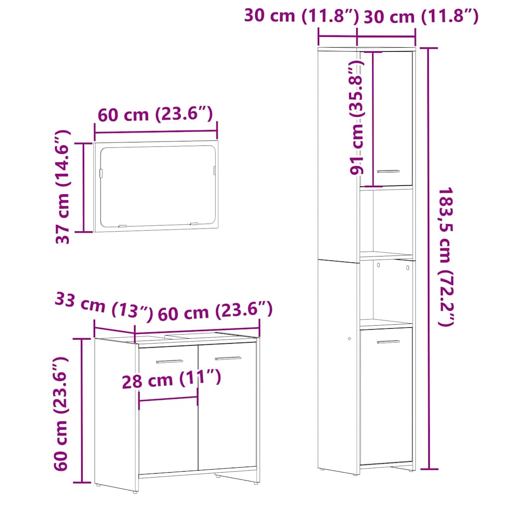 3-delige Badkamermeubelset bewerkt hout oud houtkleurig is nu te koop bij PeponiXL, paradijselijk wonen!