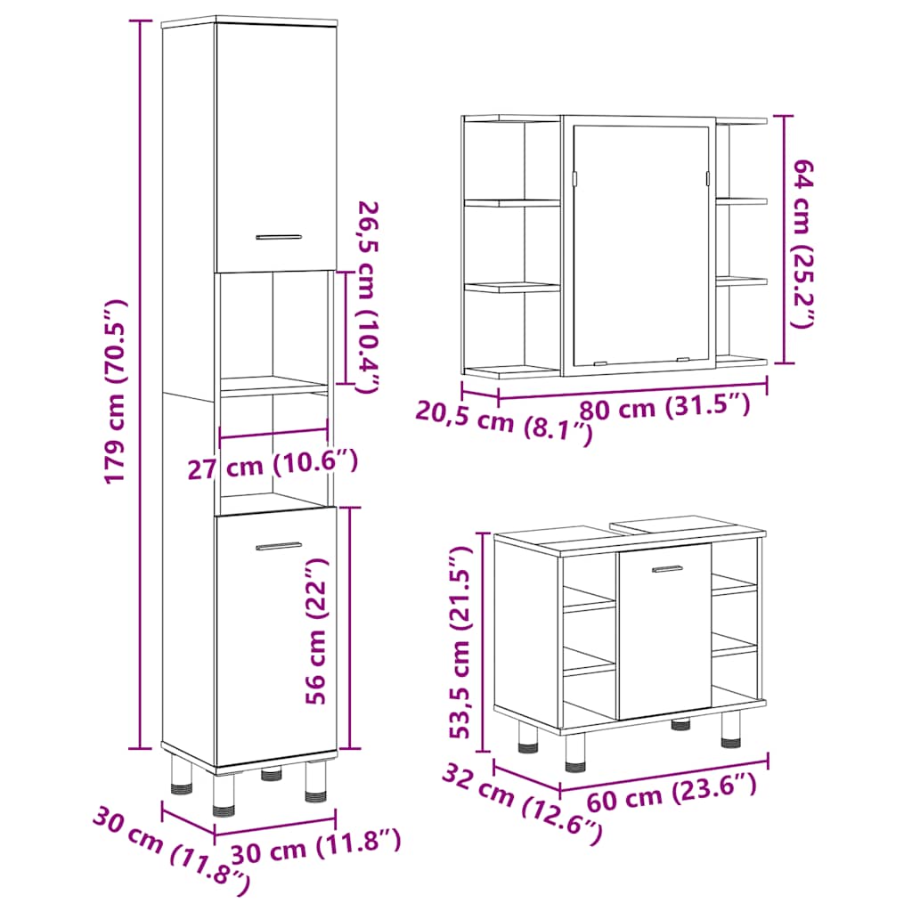 3-delige Badkamermeubelset bewerkt hout oud houtkleurig is nu te koop bij PeponiXL, paradijselijk wonen!