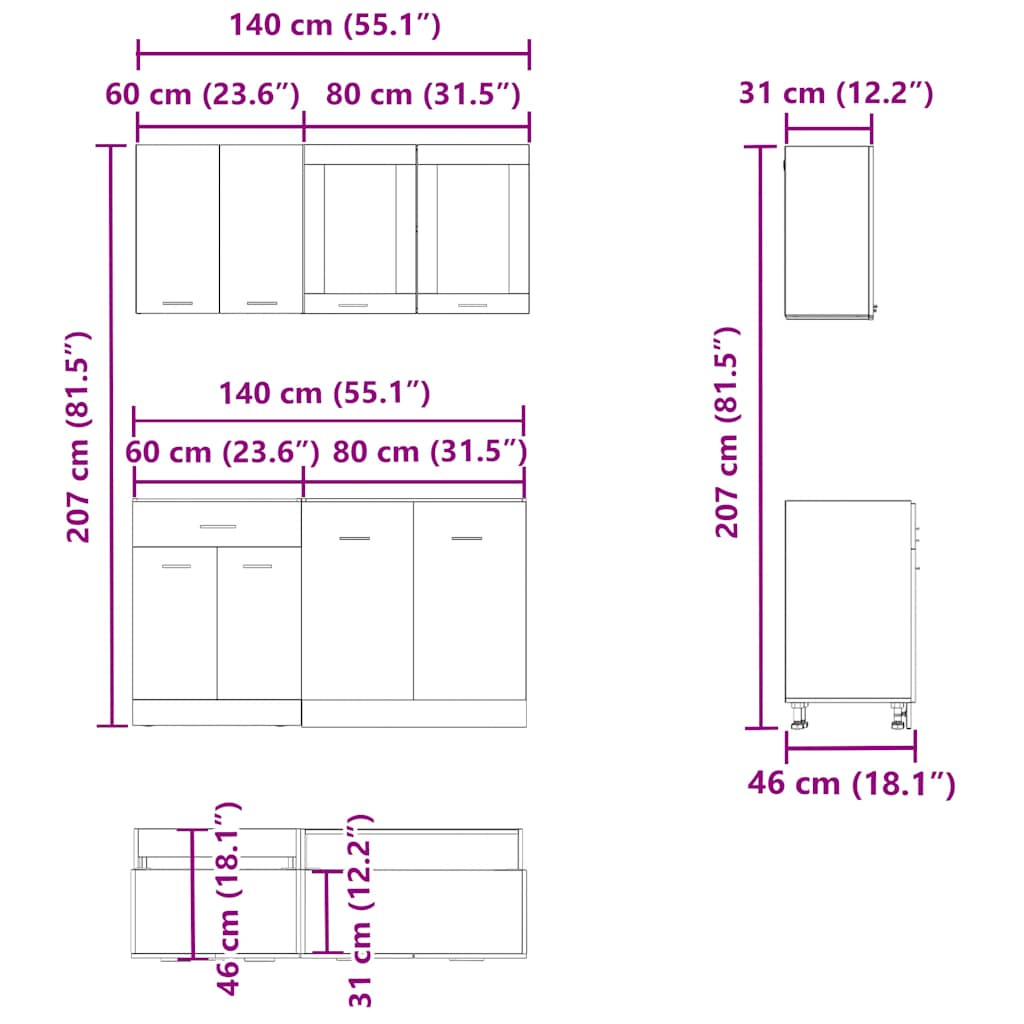 4-delige Keukenkastenset Lyon bewerkt hout oud houtkleurig is nu te koop bij PeponiXL, paradijselijk wonen!