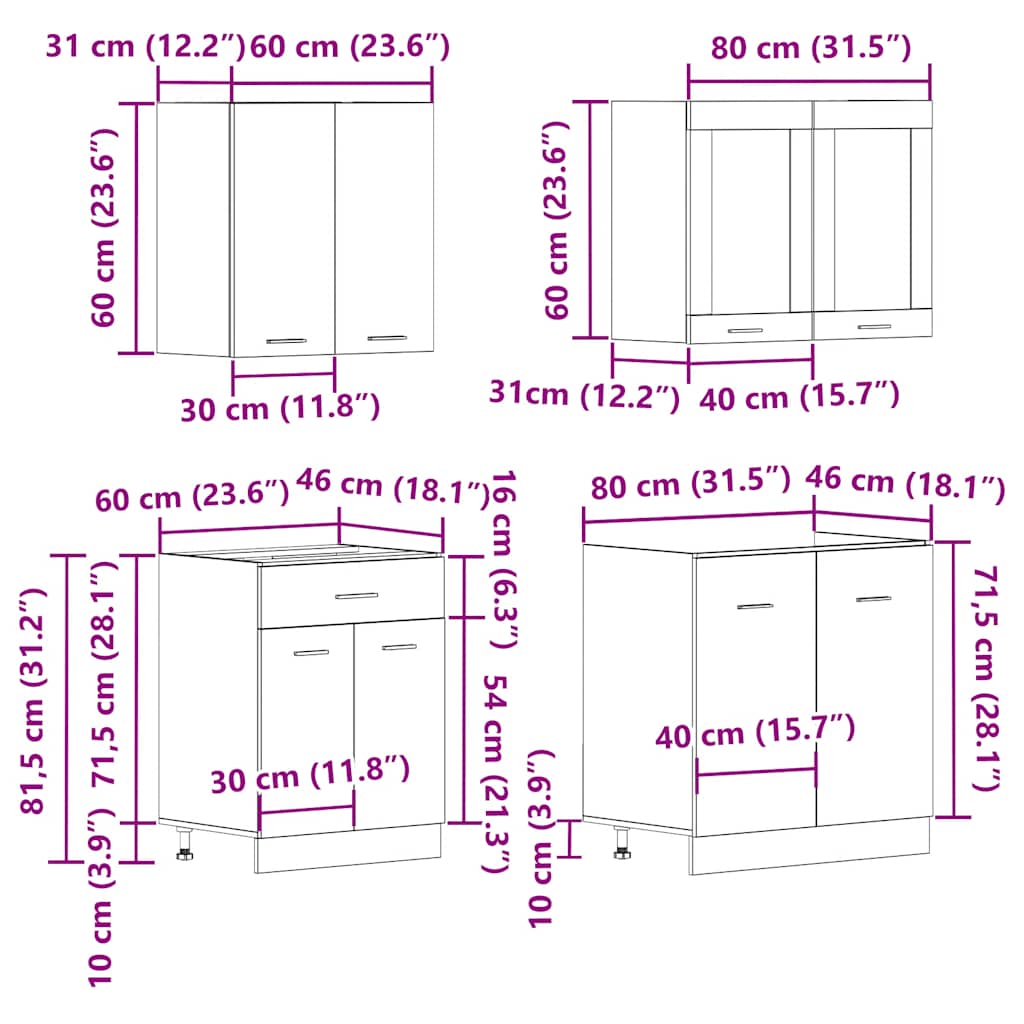 4-delige Keukenkastenset Lyon bewerkt hout oud houtkleurig is nu te koop bij PeponiXL, paradijselijk wonen!