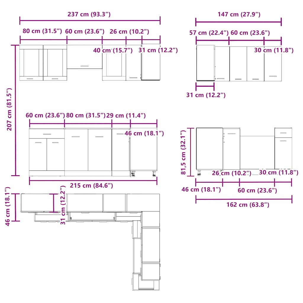 11-delige Keukenkastenset Lyon bewerkt hout oud houtkleurig is nu te koop bij PeponiXL, paradijselijk wonen!