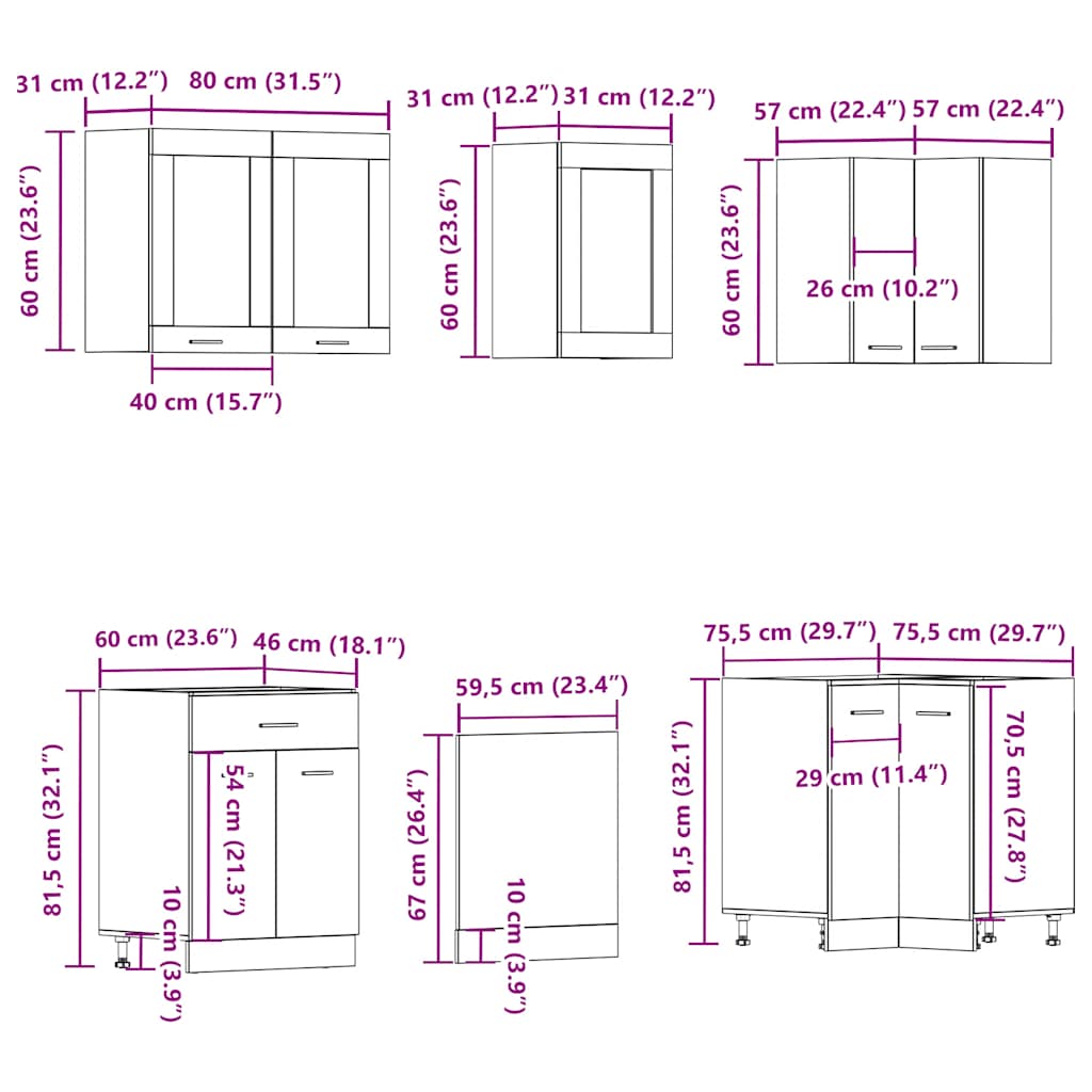 11-delige Keukenkastenset Lyon bewerkt hout oud houtkleurig is nu te koop bij PeponiXL, paradijselijk wonen!