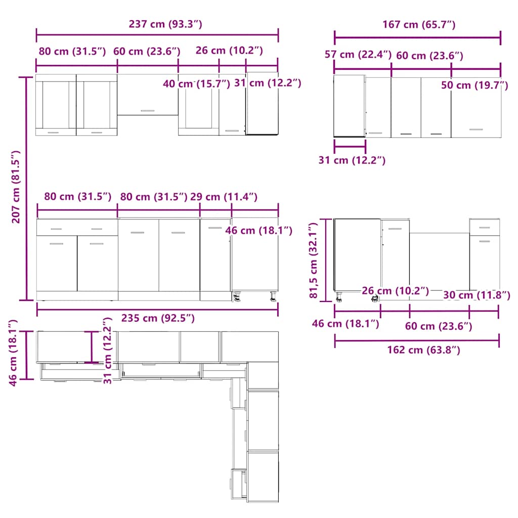 11-delige Keukenkastenset Lyon bewerkt hout oud houtkleurig is nu te koop bij PeponiXL, paradijselijk wonen!