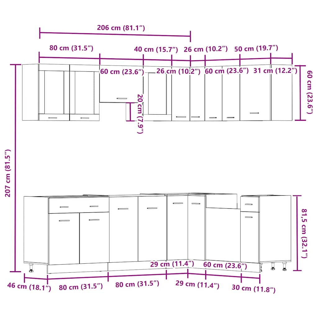 11-delige Keukenkastenset Lyon bewerkt hout oud houtkleurig is nu te koop bij PeponiXL, paradijselijk wonen!