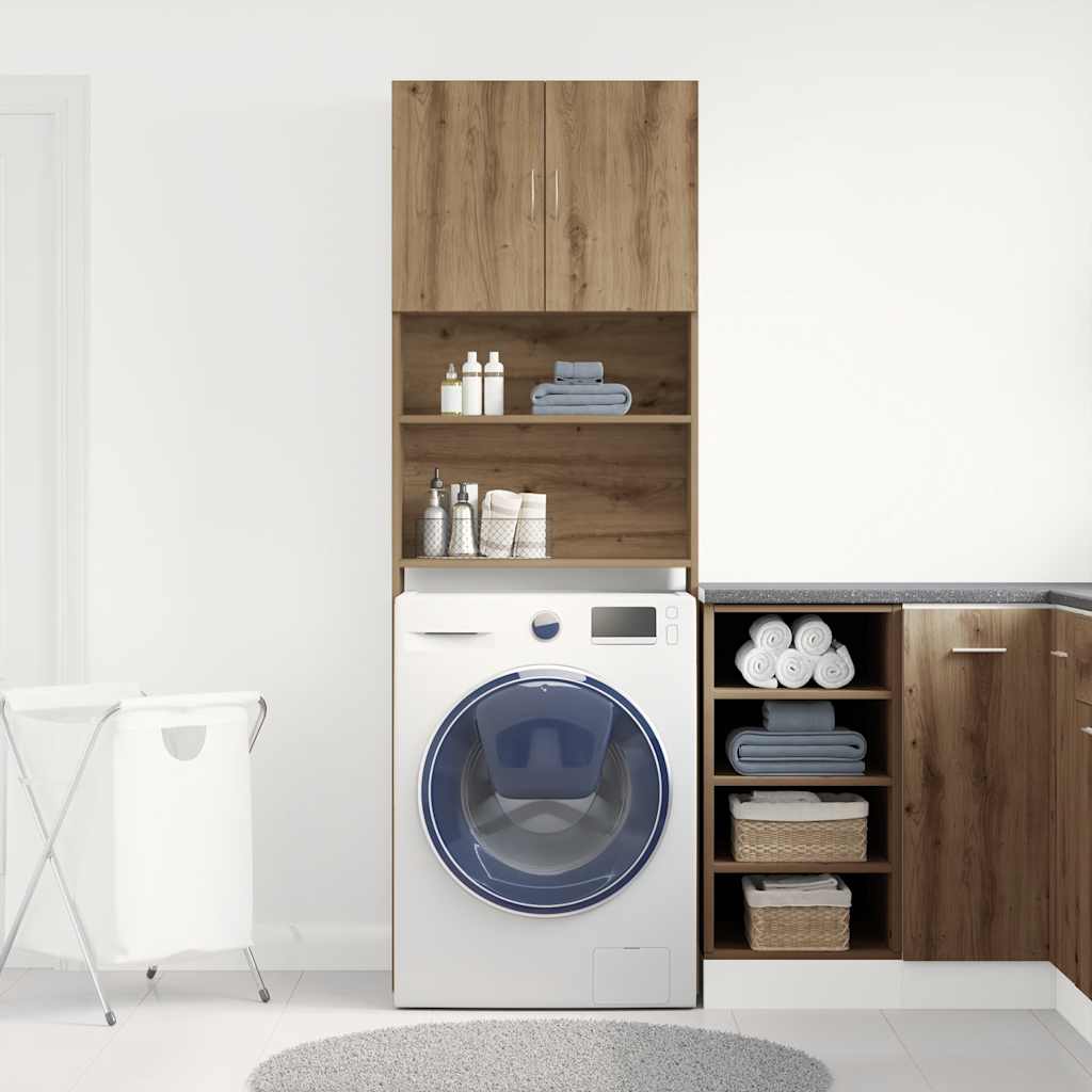 Wasmachinekast 64x24x190 cm bewerkt hout artisanaal eikenkleur is nu te koop bij PeponiXL, paradijselijk wonen!