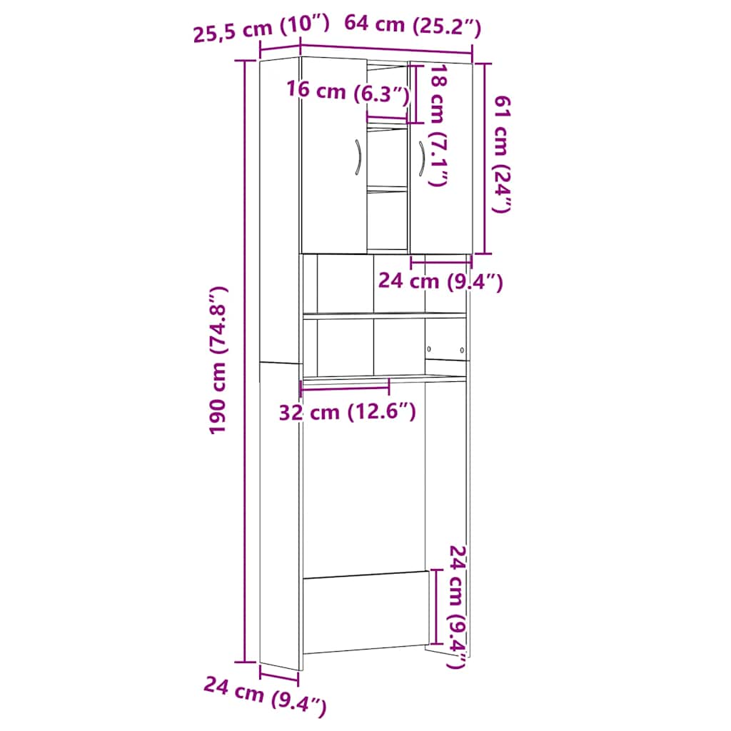 Wasmachinekast 64x25,5x190 cm zwart eikenkleur is nu te koop bij PeponiXL, paradijselijk wonen!