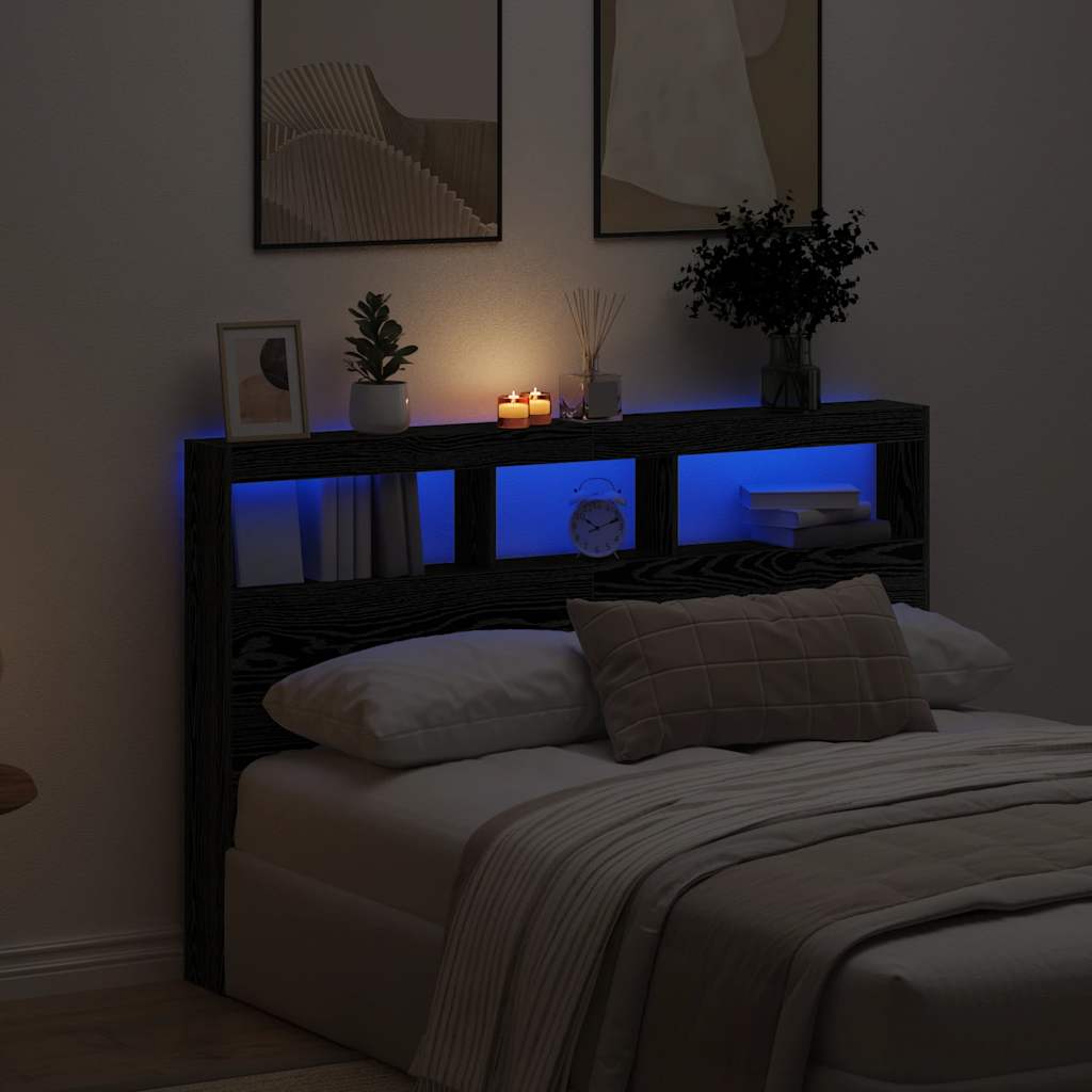 Hoofdbordkast met LED 160x17x102 cm eikenkleurig zwart is nu te koop bij PeponiXL, paradijselijk wonen!