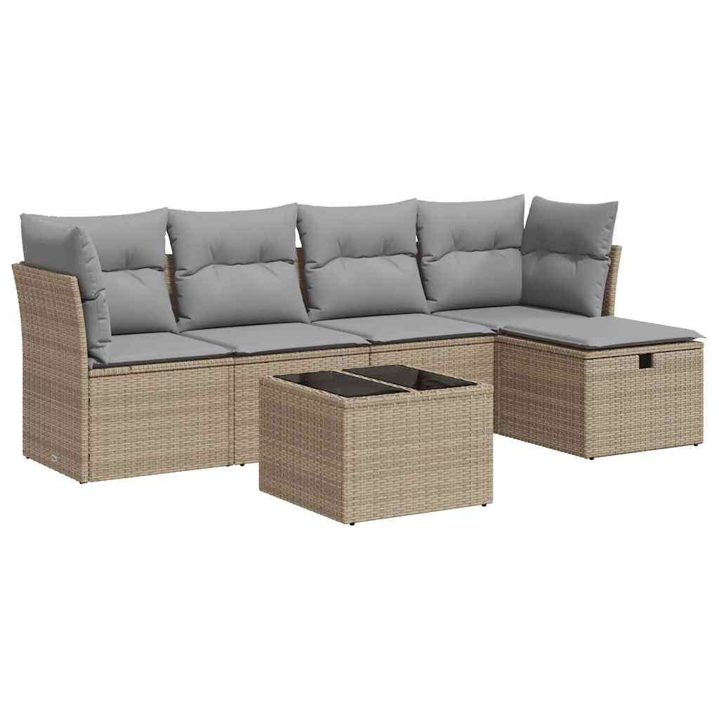 6-delige Loungeset met kussens poly rattan beige