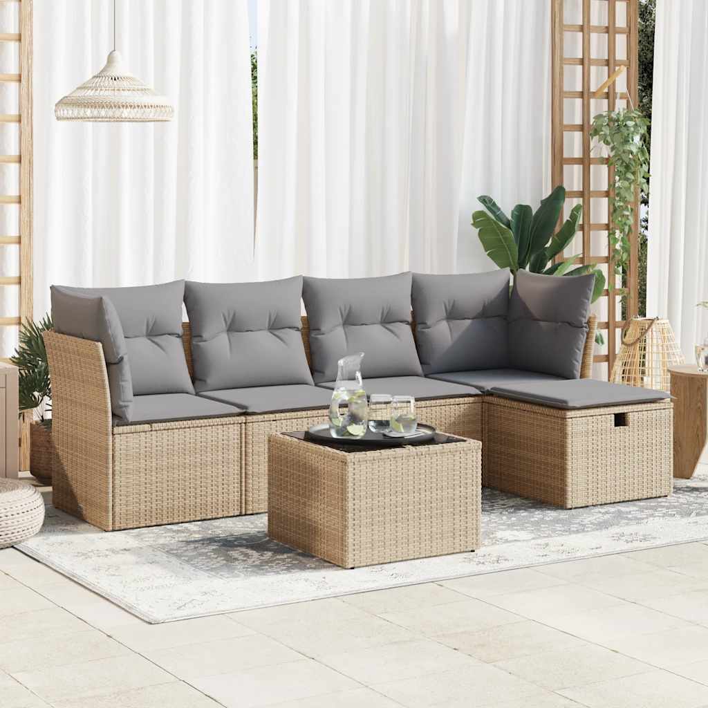 6-delige Loungeset met kussens poly rattan beige