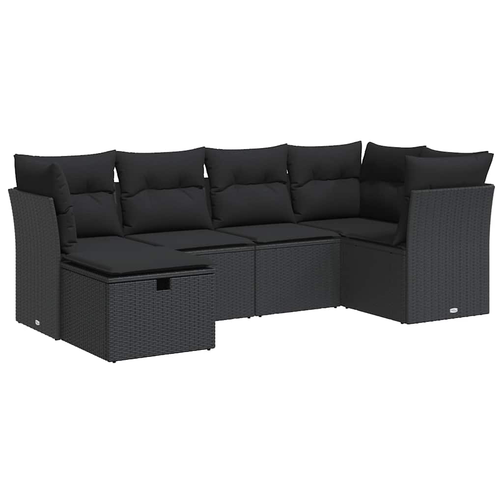 6-delige Loungeset met kussens poly rattan zwart
