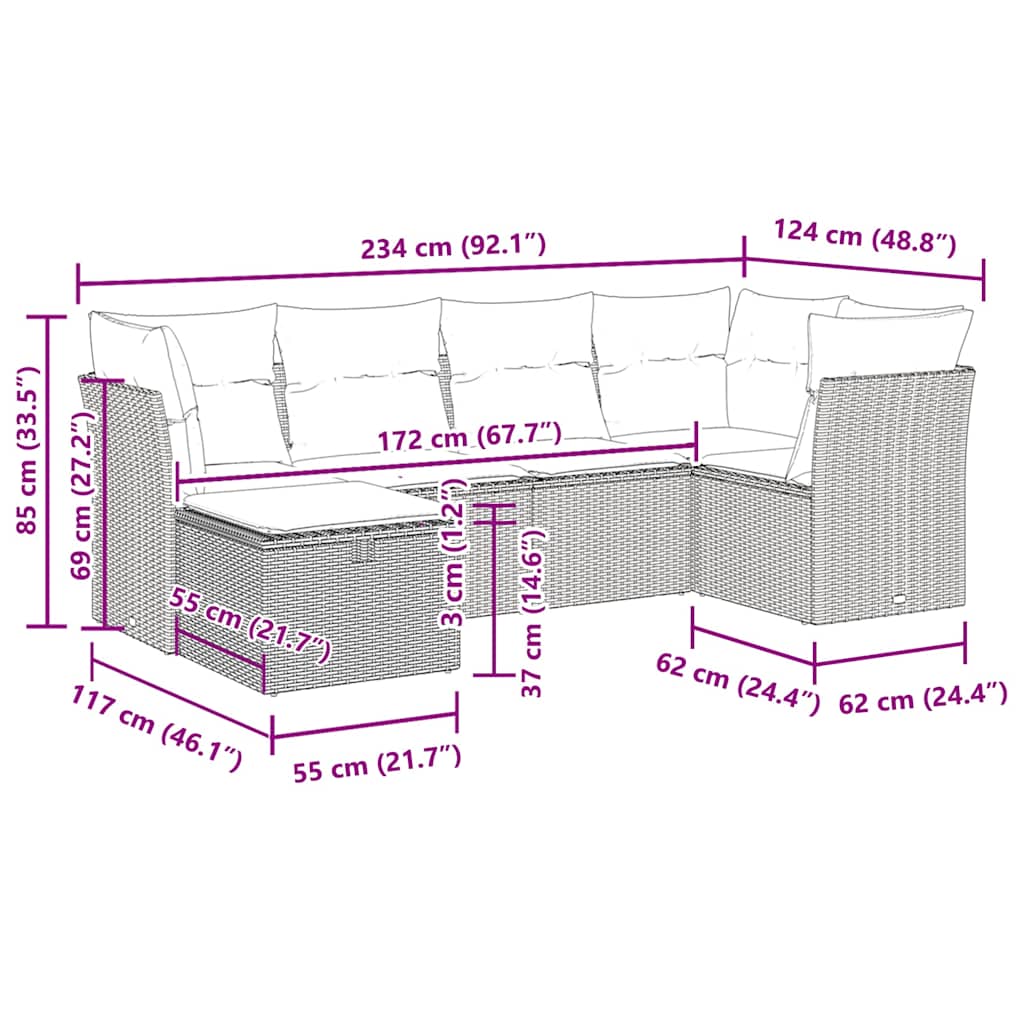 6-delige Loungeset met kussens poly rattan zwart