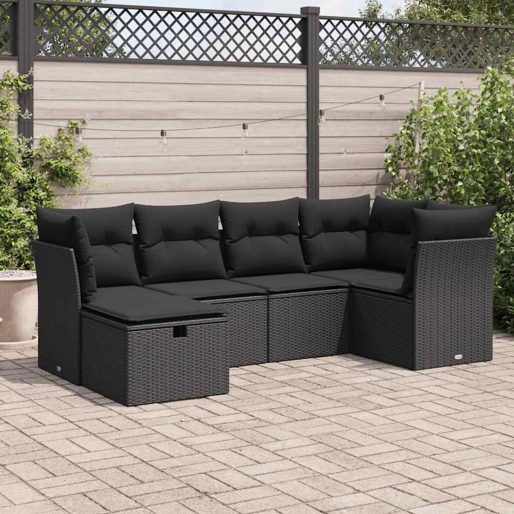 6-delige Loungeset met kussens poly rattan zwart