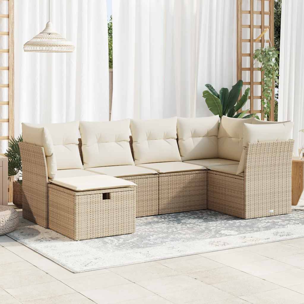 6-delige Loungeset met kussens poly rattan beige