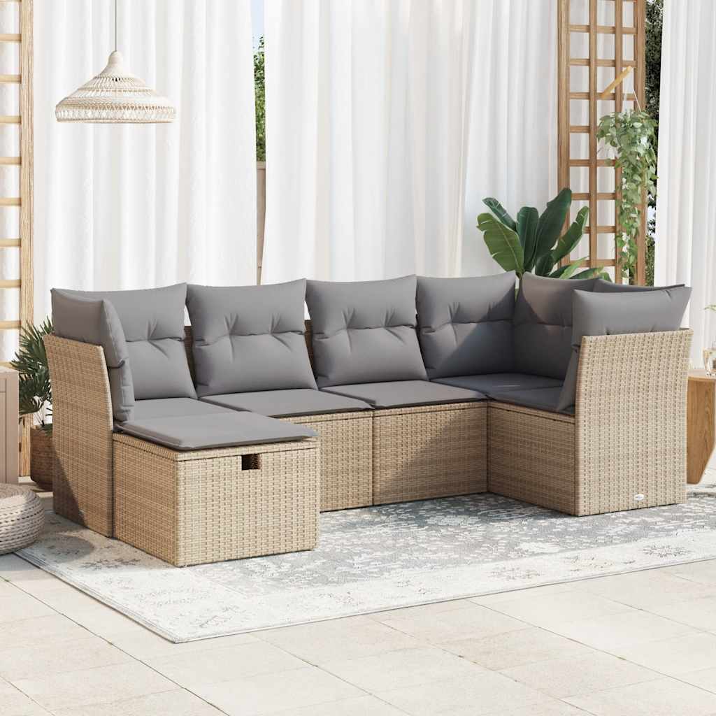 6-delige Loungeset met kussens poly rattan beige