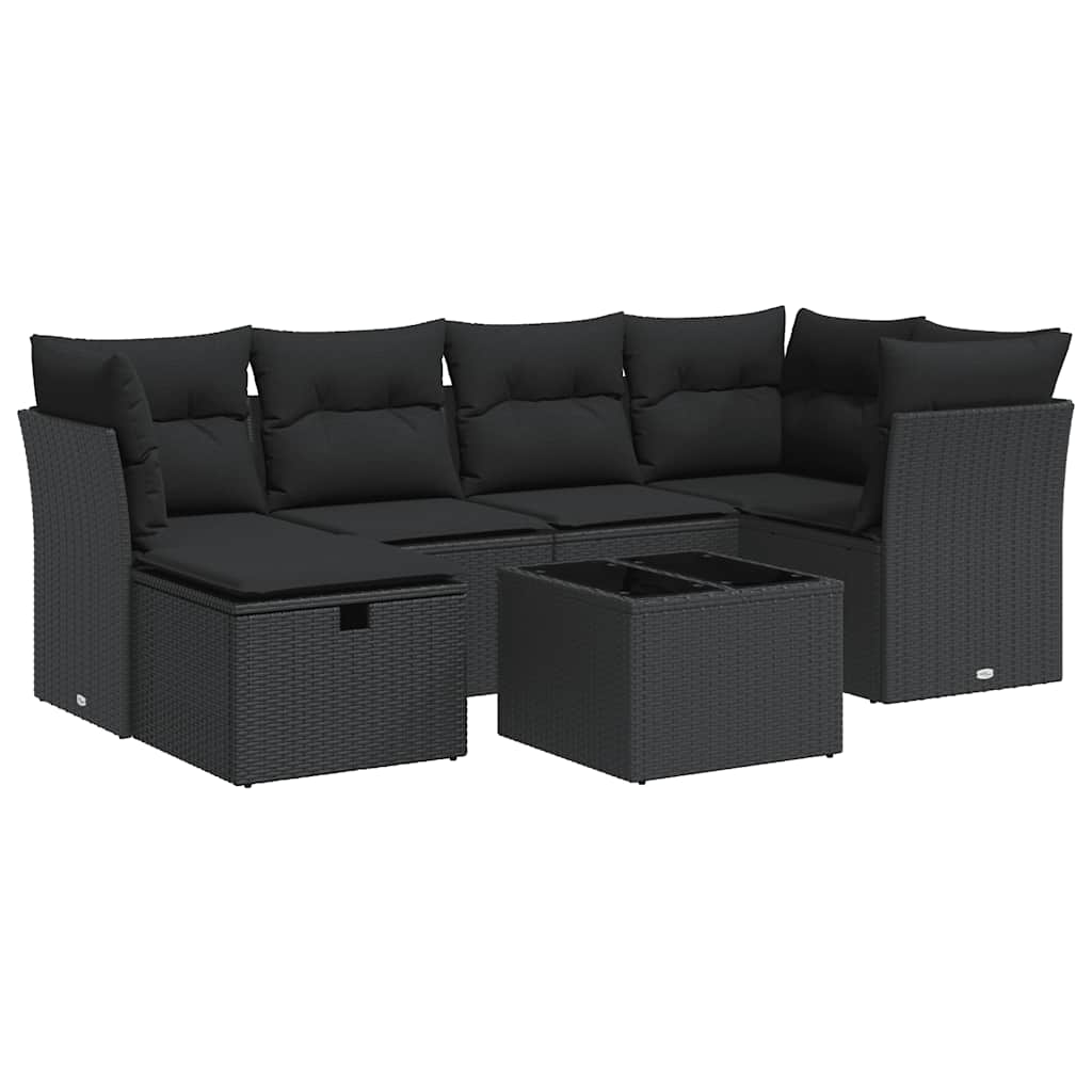 7-delige Loungeset met kussens poly rattan zwart