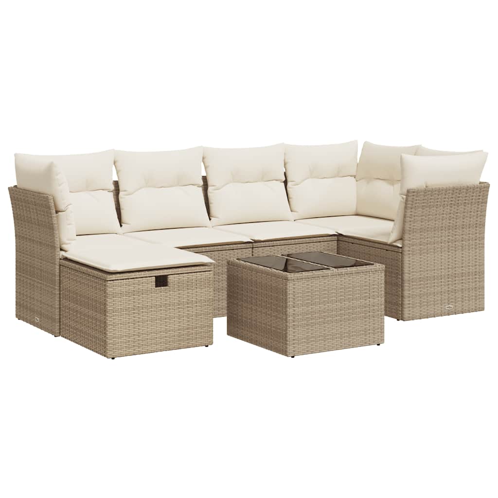 7-delige Loungeset met kussens poly rattan beige