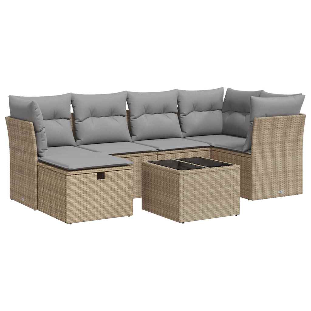 7-delige Loungeset met kussens poly rattan beige