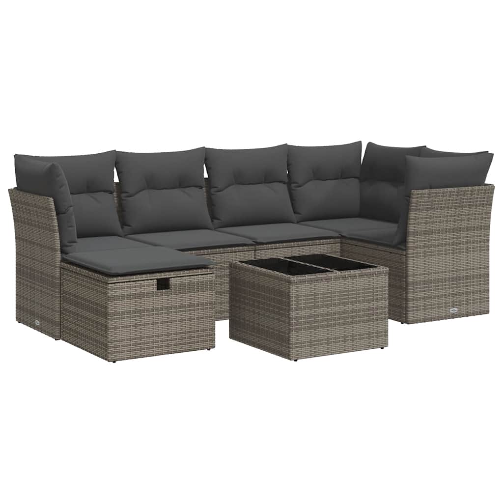 7-delige Loungeset met kussens poly rattan grijs