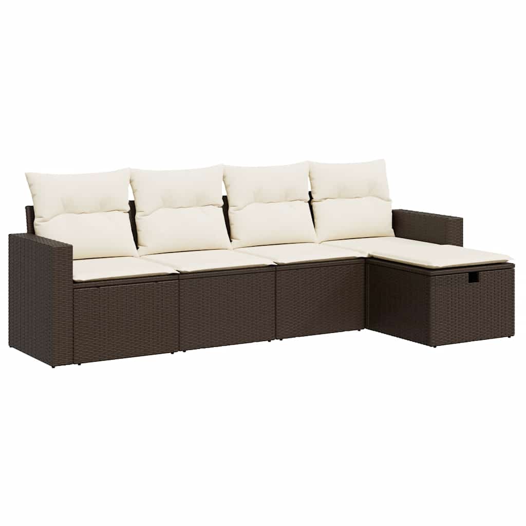 5-delige Loungeset met kussens poly rattan bruin