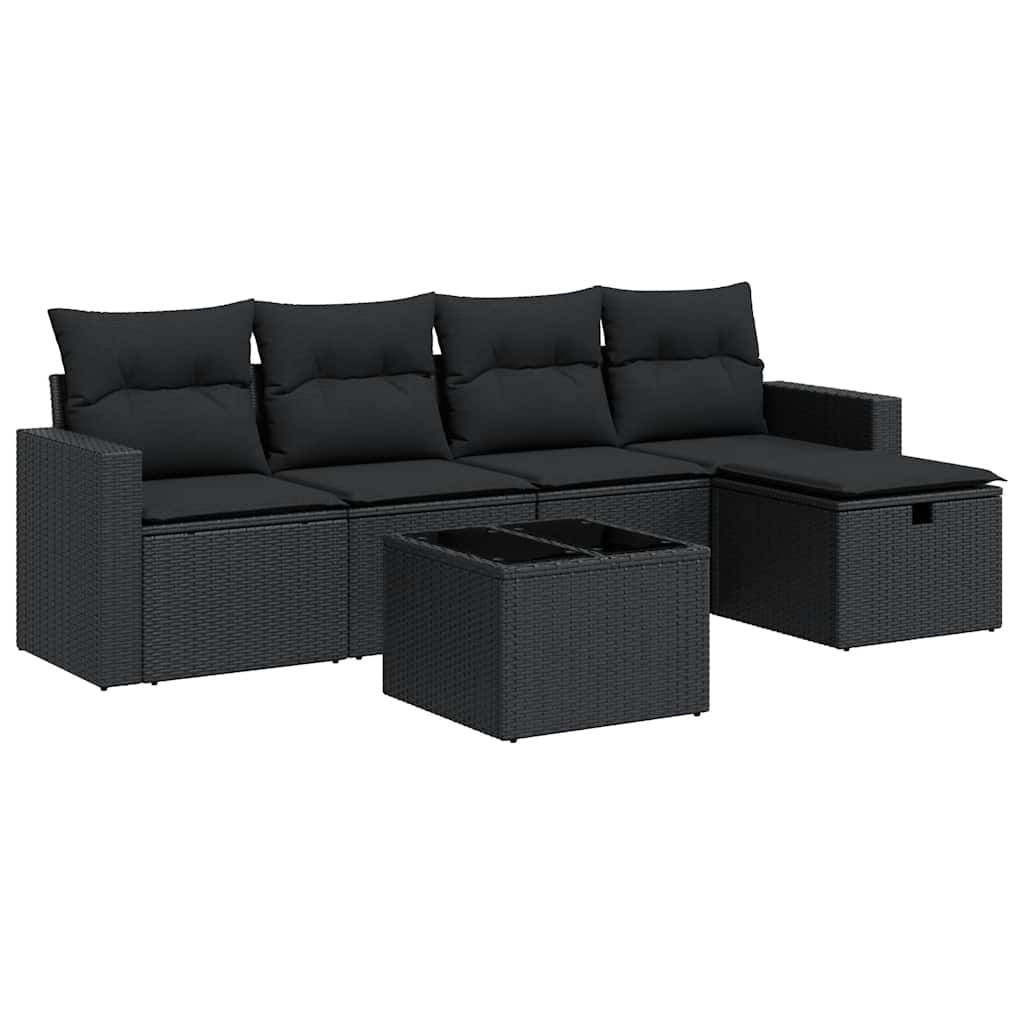 6-delige Loungeset met kussens poly rattan zwart