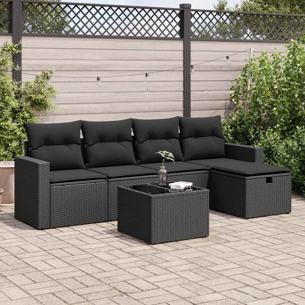 6-delige Loungeset met kussens poly rattan zwart