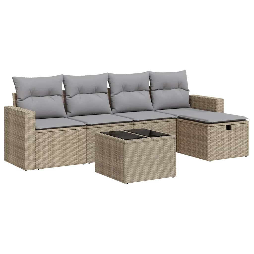 6-delige Loungeset met kussens poly rattan beige