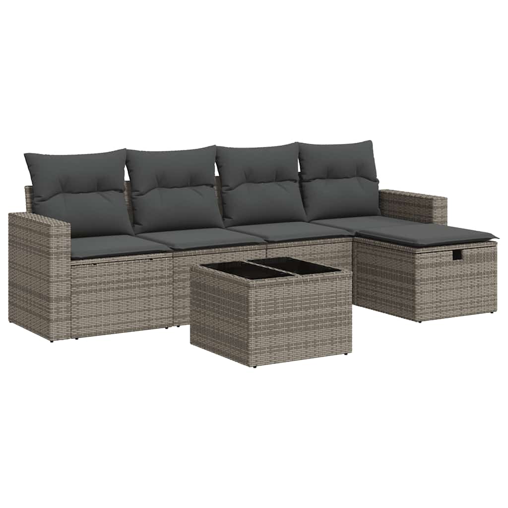 6-delige Loungeset met kussens poly rattan grijs