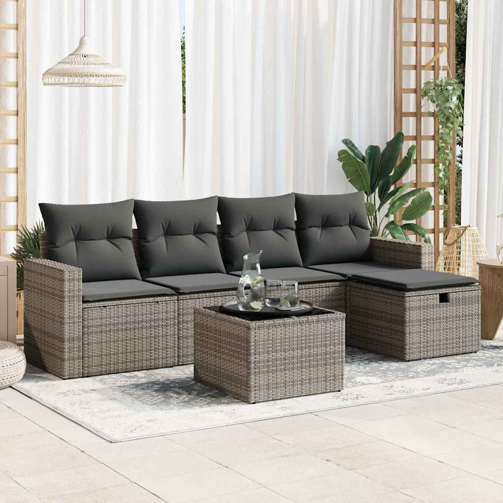 6-delige Loungeset met kussens poly rattan grijs