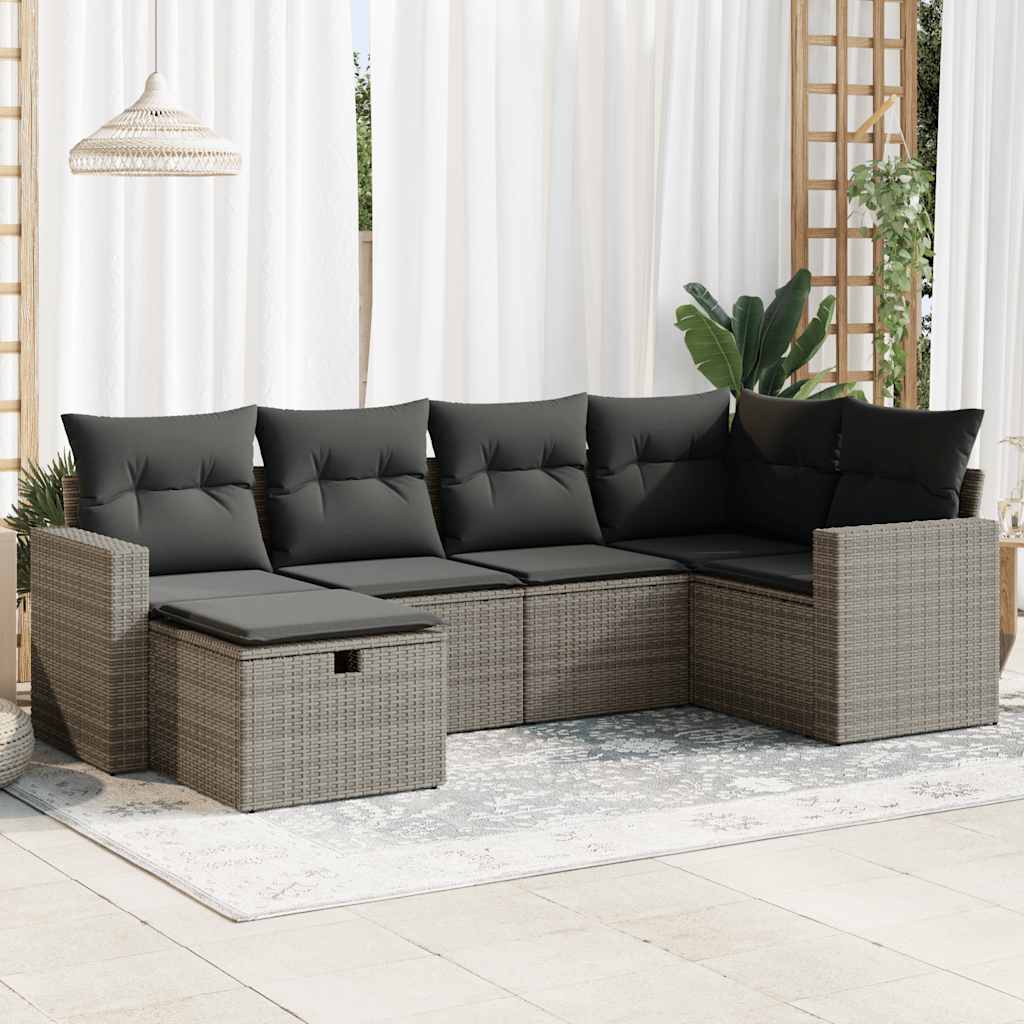 6-delige Loungeset met kussens poly rattan grijs