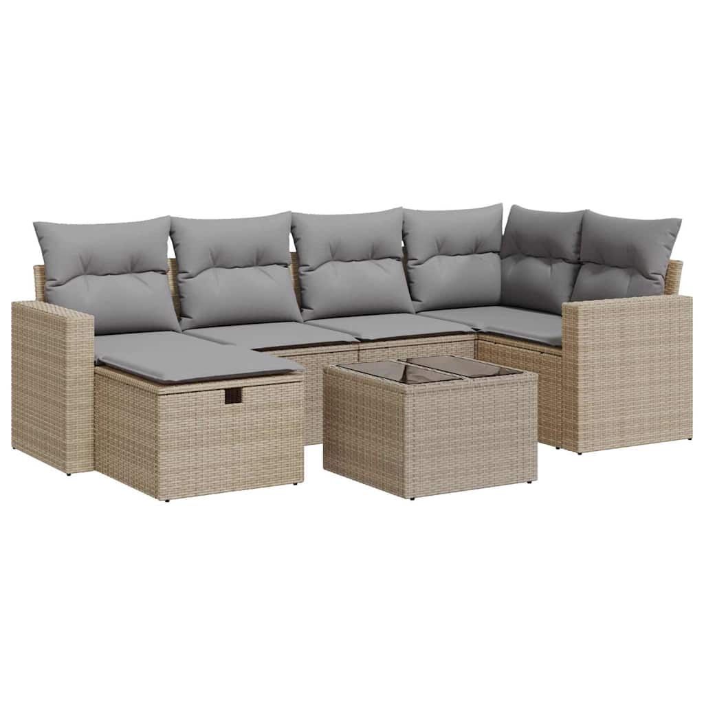 7-delige Loungeset met kussens poly rattan beige