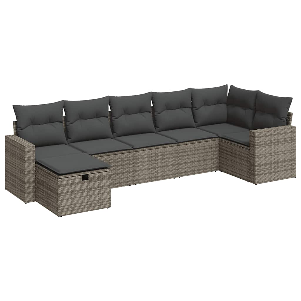 7-delige Loungeset met kussens poly rattan grijs
