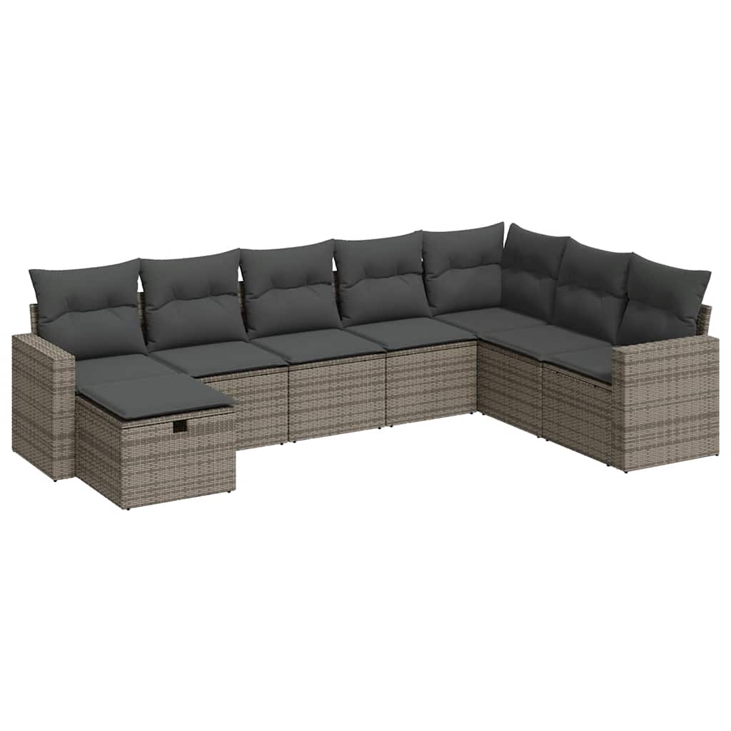 8-delige Loungeset met kussens poly rattan grijs