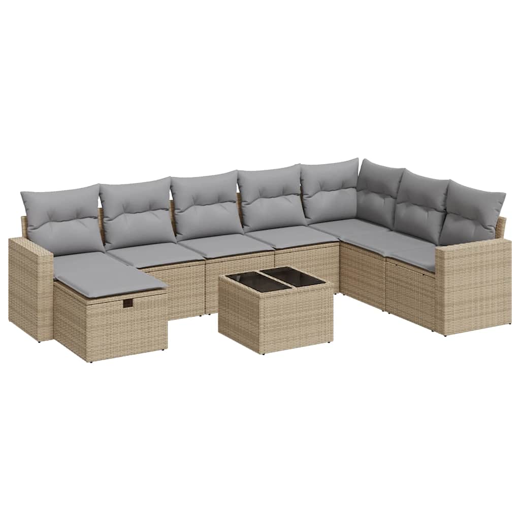 9-delige Loungeset met kussens poly rattan beige