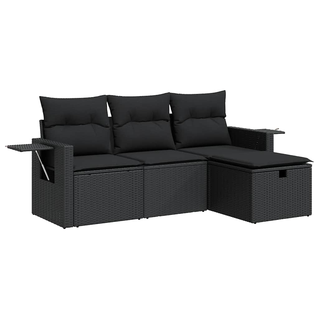 4-delige Loungeset met kussens poly rattan zwart