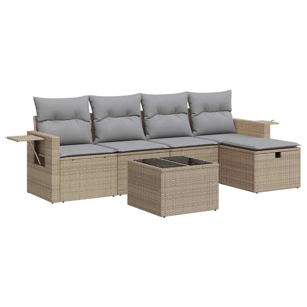 6-delige Loungeset met kussens poly rattan beige