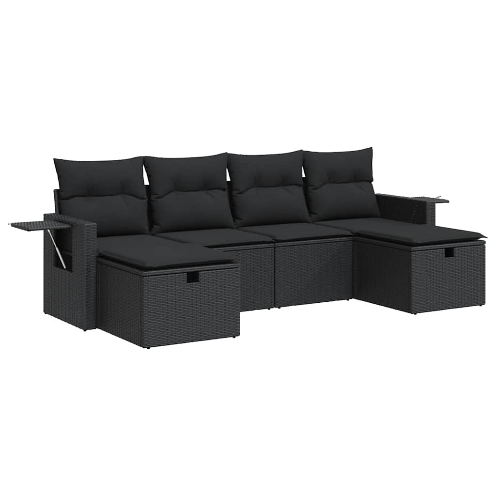 6-delige Loungeset met kussens poly rattan zwart