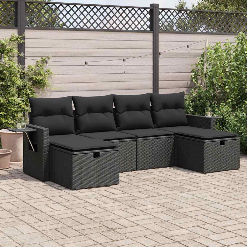 6-delige Loungeset met kussens poly rattan zwart
