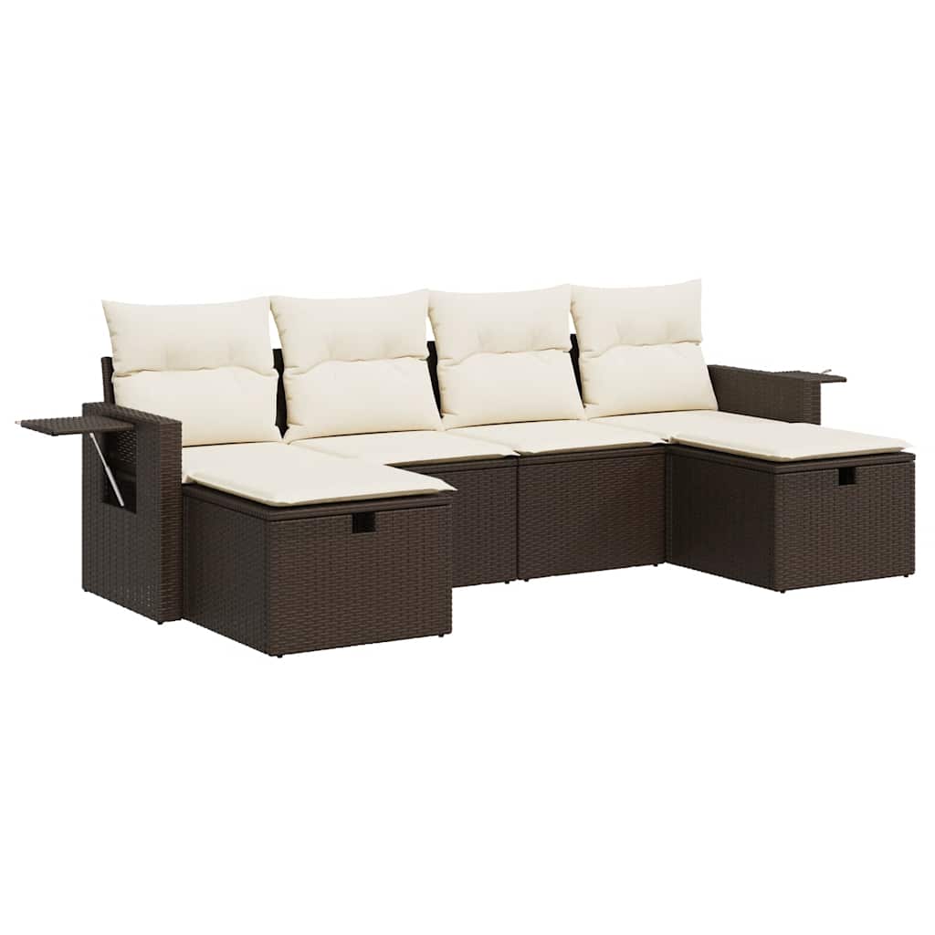 6-delige Loungeset met kussens poly rattan bruin