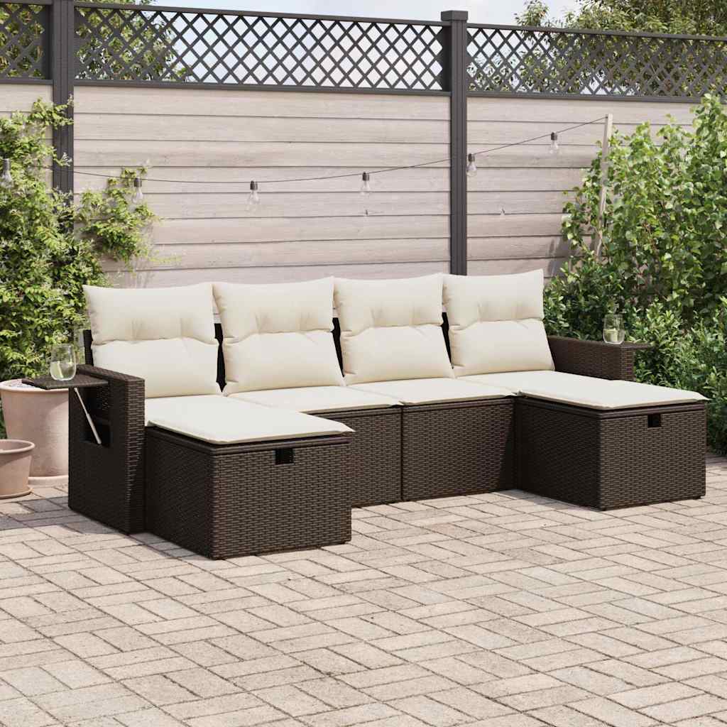 6-delige Loungeset met kussens poly rattan bruin