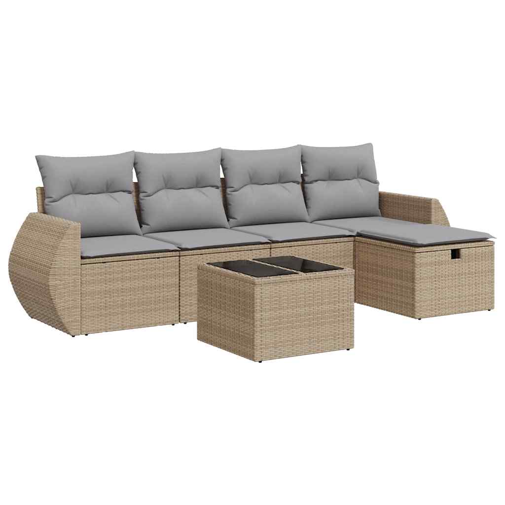 6-delige Loungeset met kussens poly rattan beige