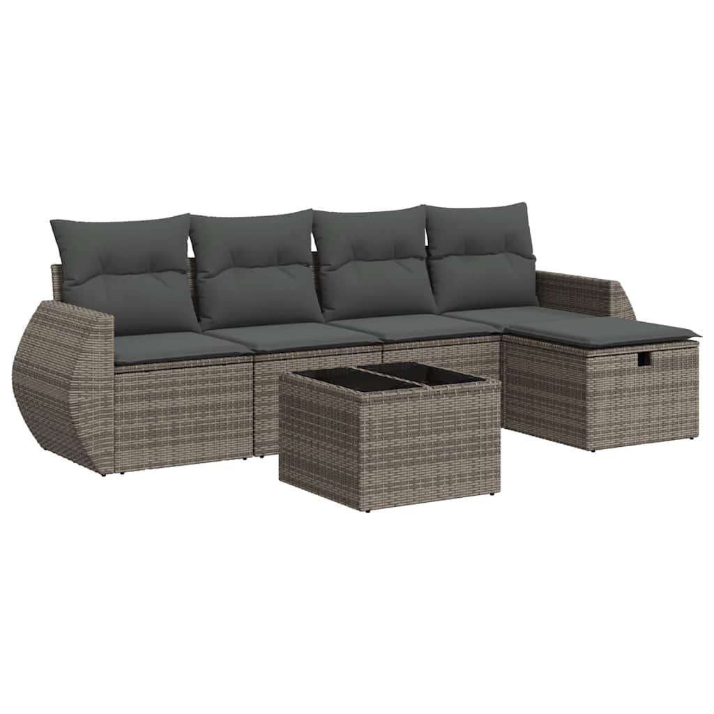 6-delige Loungeset met kussens poly rattan grijs