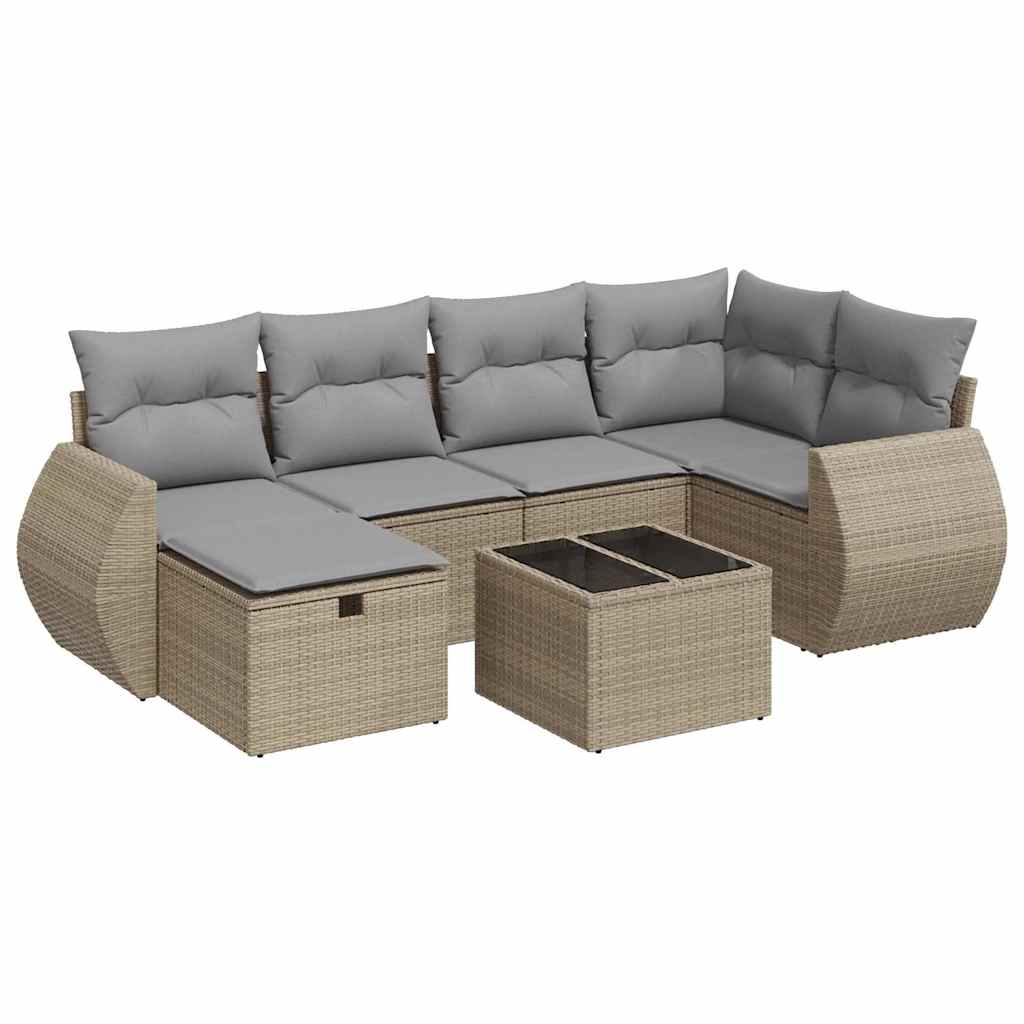 7-delige Loungeset met kussens poly rattan beige