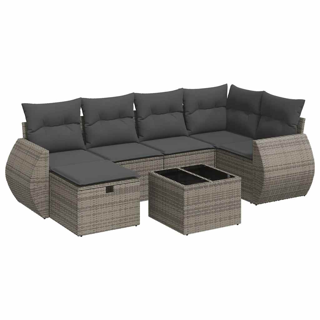 7-delige Loungeset met kussens poly rattan grijs