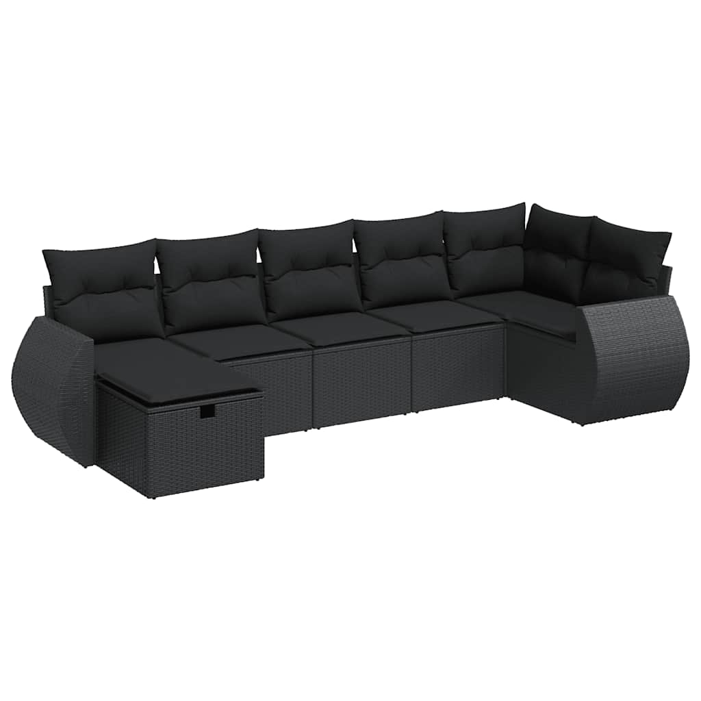 7-delige Loungeset met kussens poly rattan zwart