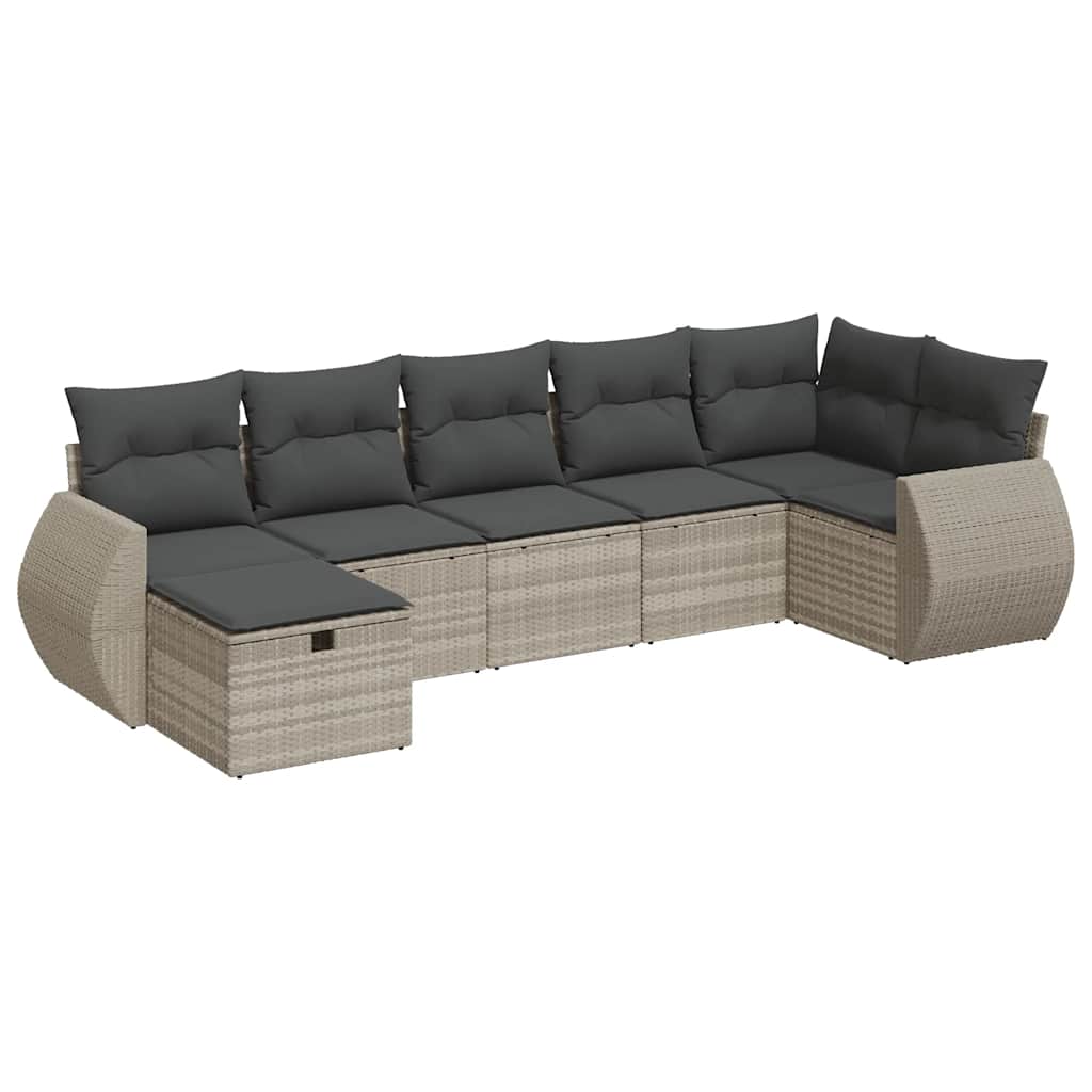 7-delige Loungeset met kussens poly rattan lichtgrijs