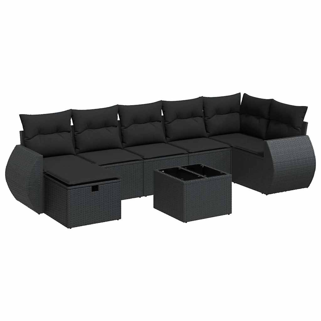 8-delige Loungeset met kussens poly rattan zwart