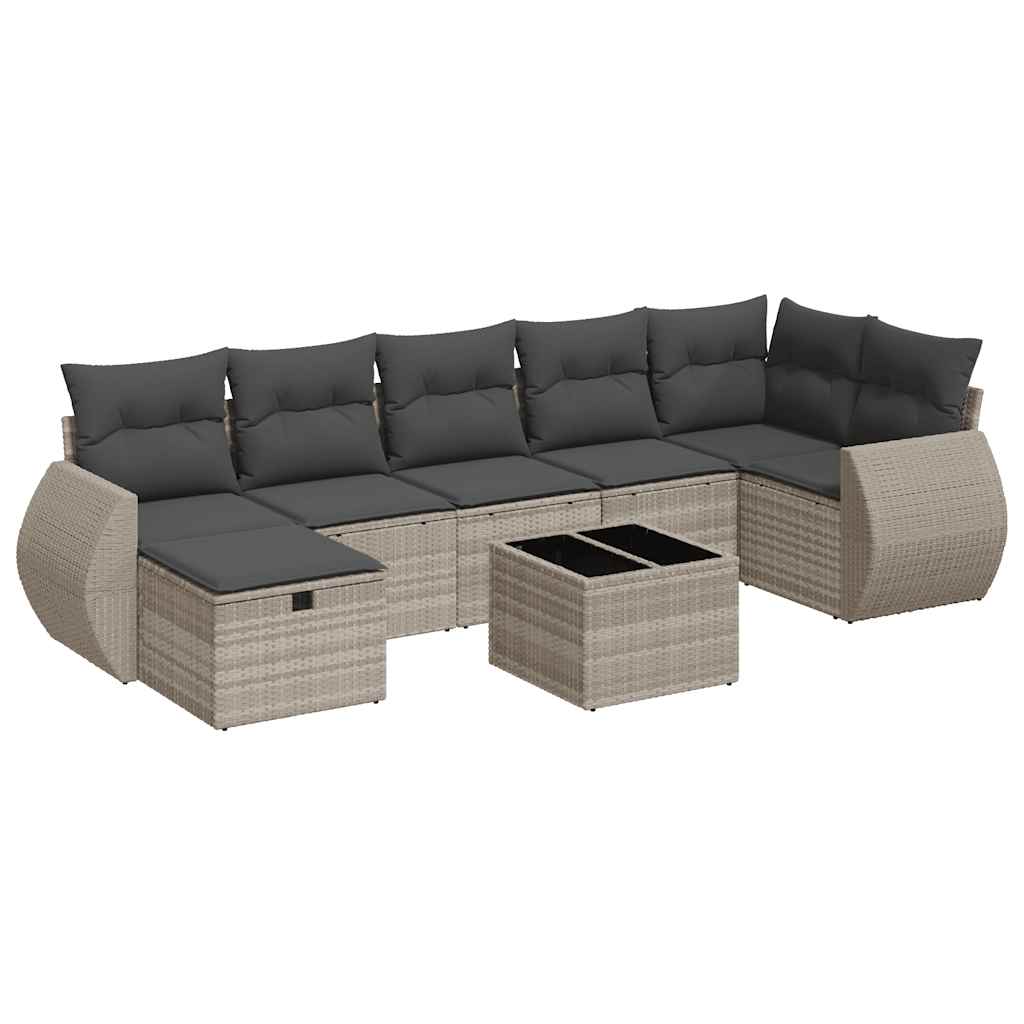 8-delige Loungeset met kussens poly rattan lichtgrijs