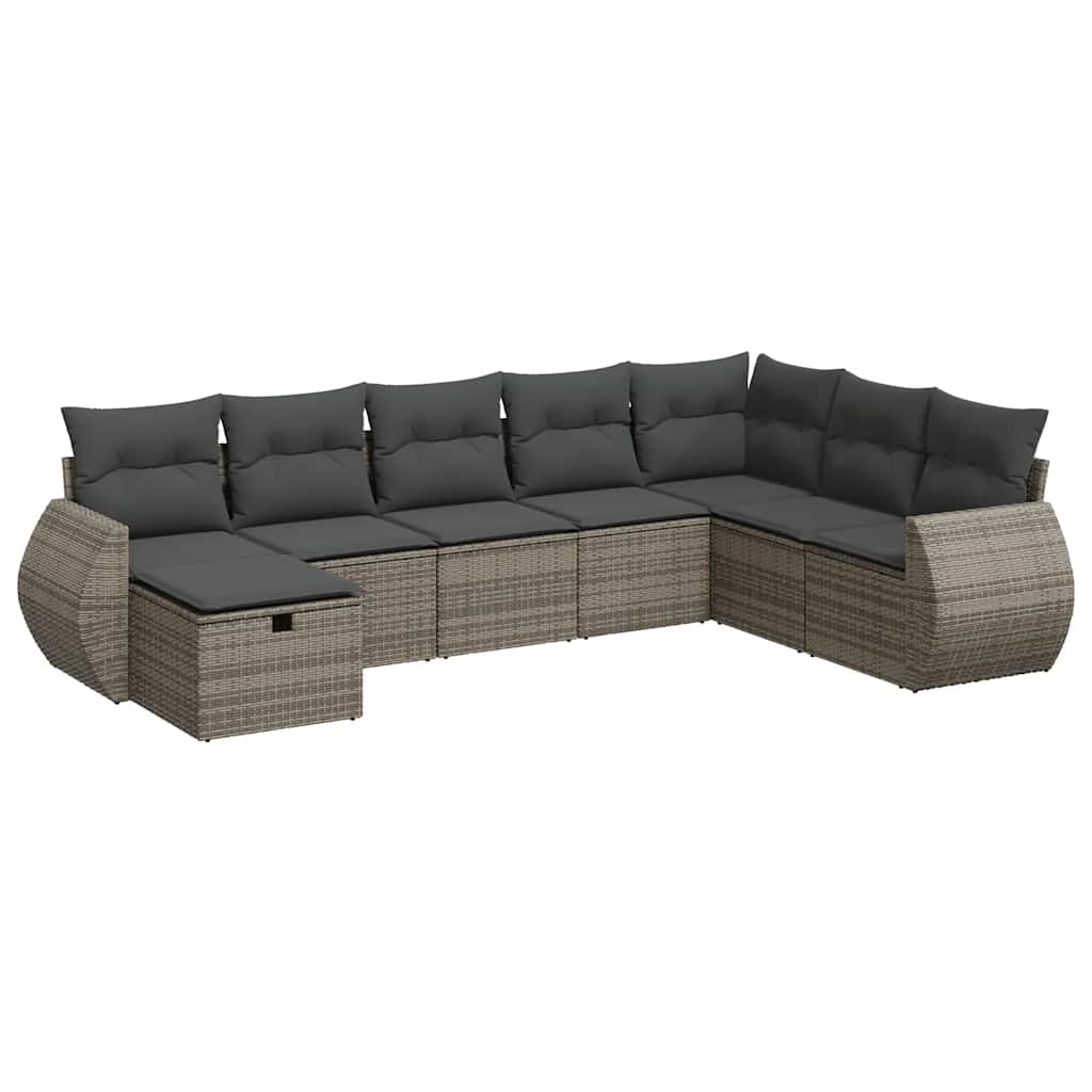 8-delige Loungeset met kussens poly rattan grijs